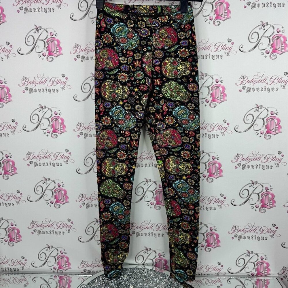 Just cozy pants skulls day of the dead Colorful Patterned fleece lined Leggings
